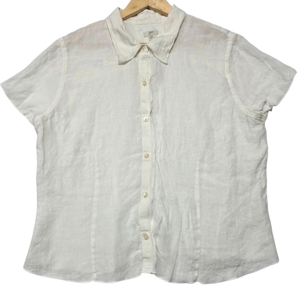 J.Jill Short Sleeve Button Down Shirt Womens XLP White 100% Linen Lightweight